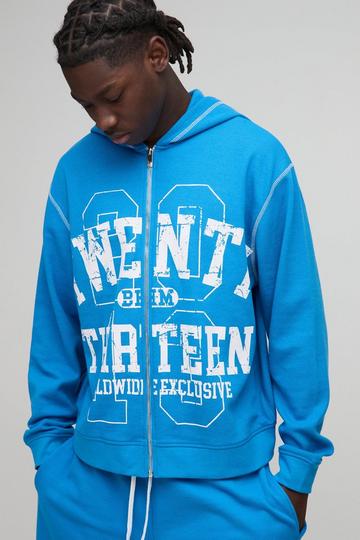 Oversized Boxy Waffle Varsity Zip Through Hoodie cobalt