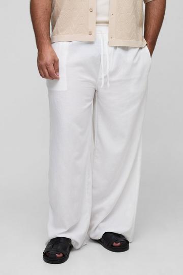 White Plus Linen Look Elasticated Waist Baggy Trousers