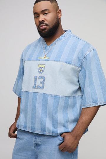 Plus Oversized Embroidery Football Denim T-Shirt light blue