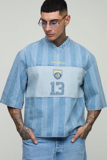 Tall Oversized Embroidery Football Denim T-Shirt light blue