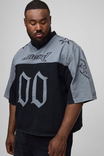 Plus Oversized Embroidery Football Denim T-Shirt washed black