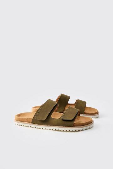 Faux Suede Double Strap Skater Sole Sandal olive