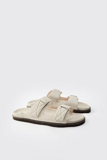 Nep Suède Sandalen Met Dubbele Bandjes En Stiksels stone
