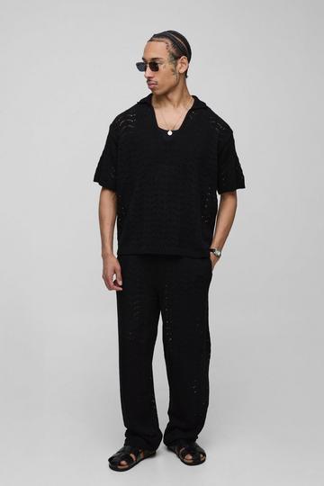 Gebreide Boxy Broek Met V-Hals, Textuur En Polo Set black