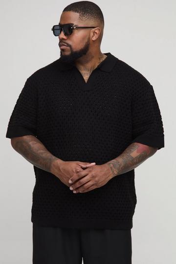 Plus Oversized Chunky Crochet V Neck T-Shirt black