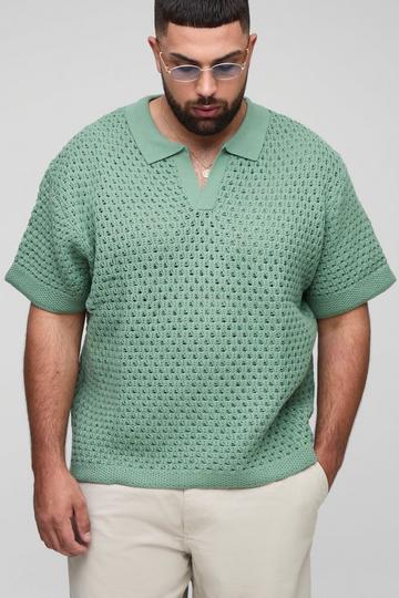Plus Oversized Chunky Crochet V Neck T-Shirt sage