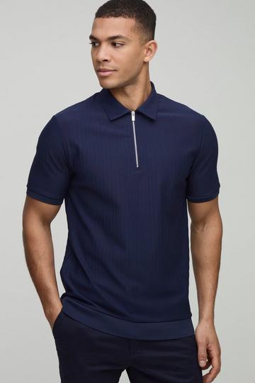 Slim Fit Zip Collar Textured Stripe Short Sleeve Polo navy