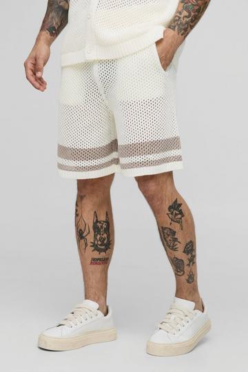 Relaxed Fit Striped Open Stitch Shorts ecru