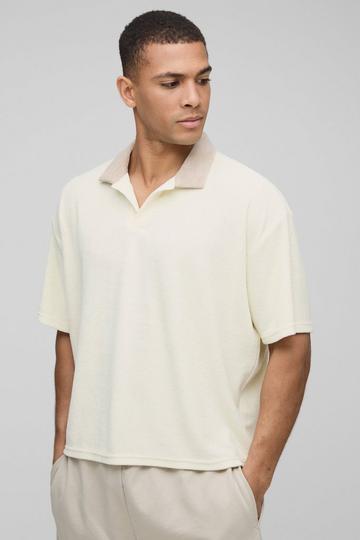 Badstoffen Boxy Polo Met Contrasterende Kraag En V-Hals ecru