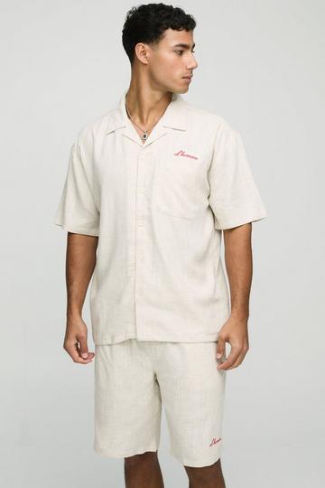 Oversized L'homme Embroidered Heavyweight Linen Shirt & Short Set natural