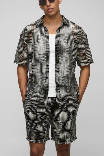 Oversized Open Weave Checkerboard Shirt & Relaxed Short Set black