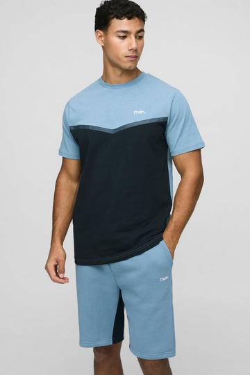Slim Fit Man Colour Block T-Shirt and Short Set blue