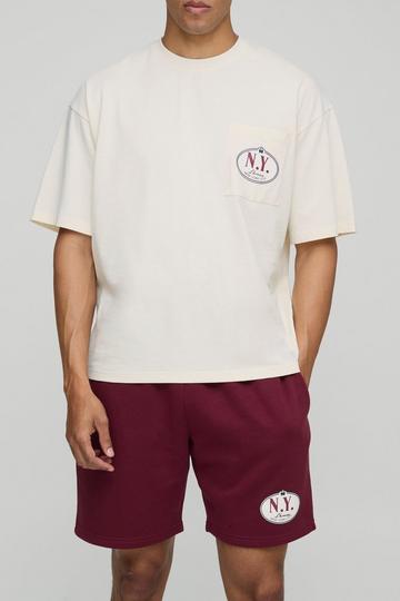 Oversized Boxy Homme Embroidered T-Shirt & Short Set burgundy