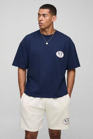 Oversized Boxy Homme Embroidered T-Shirt & Short Set navy