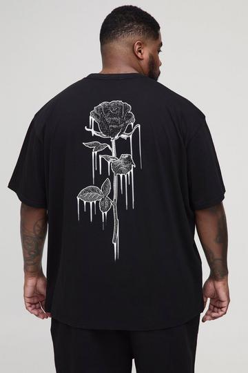 Plus Drip Floral Line Drawcord Oversized T-Shirt black