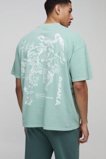 Oversized Extended Neck Blossom Floral Osaka Graphic Washed T-Shirt sage