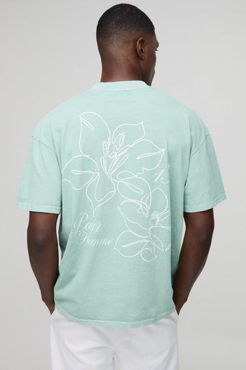 Sage Green Oversized Extended Neck Line Drawn Floral Print Washed T-Shirt