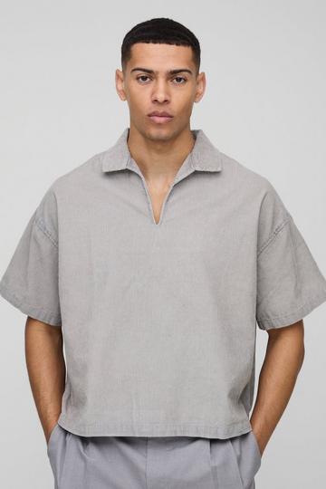 Oversized Boxy Acid Wash Corduroy Polo Shirt grey