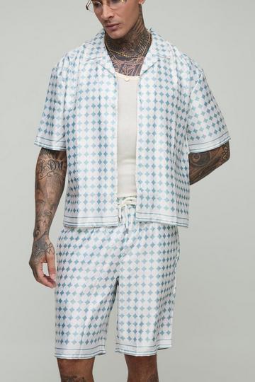 Tall Oversized Geruit Satijnen Boxy Overhemd Met Korte Mouwen En Shorts Set sage