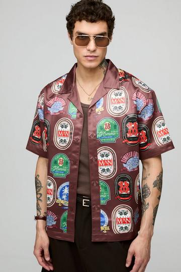 Oversized Short Sleeve Border Print Satin Shirt brown