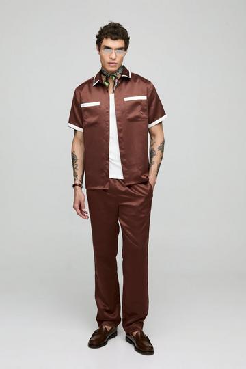 Regular Short Sleeve Contrast Panel Satin Shirt & Straight Fit Trouser Set brown