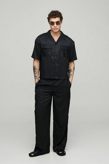 Oversized Geruit Satijnen Overhemd Met Korte Mouwen En Wide Leg Broek Set black