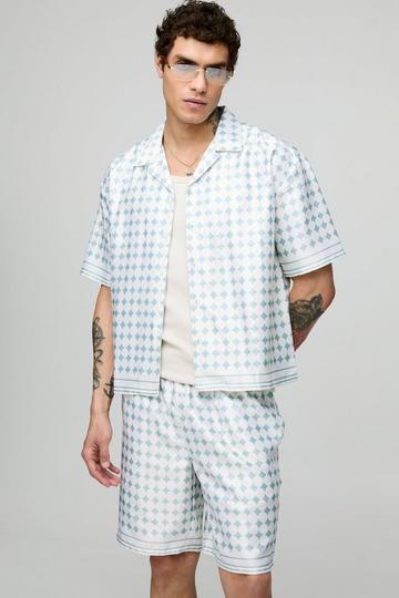Oversized Boxy Short Sleeve Check Satin Shirt & Short Set sage