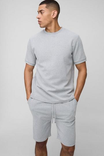 Grey Regular Fit Contrast Waffle T-Shirt Set