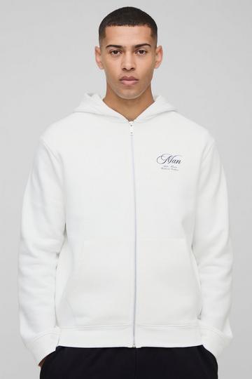 Regular Fit Man Script Printed Zip Through Hoodie white