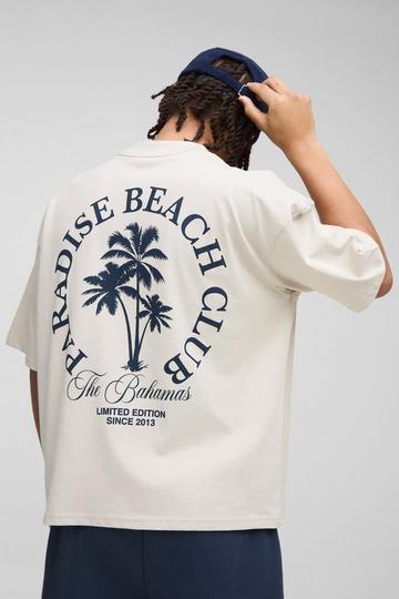 Oversized Boxy Extended Neck Paradise Beach Club Palm Tree T-Shirt stone