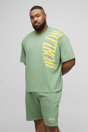 Plus Oversized Worldwide T-Shirt Met Naaddetail En Shorts Set green