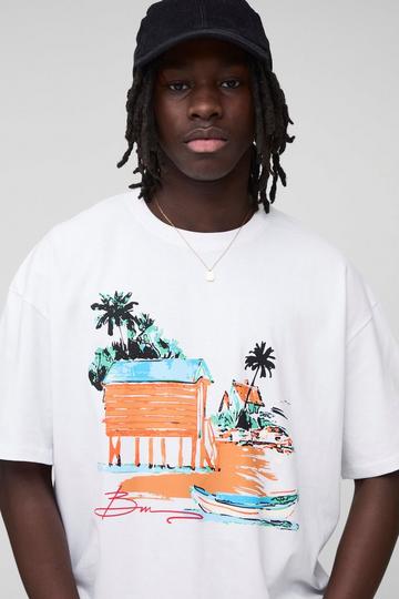 Oversized BM Beach Landscape Printed T-Shirt white