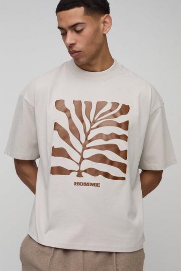 Oversized Boxy Leaf Puff Print T-Shirt stone