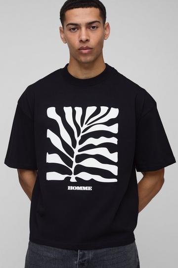 Oversized Boxy Leaf Puff Print T-Shirt black