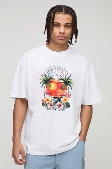 Oversized Extended Neck Official Sunset Heart Landscape Printed T-Shirt white