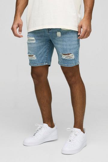 Skinny Fit Ripped Washed Light Blue Denim Shorts light blue