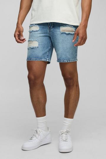 Slim Fit Ripped Washed Blue Denim Shorts mid blue