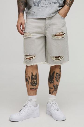 Relaxed Fit Ripped Washed Denim Shorts grey
