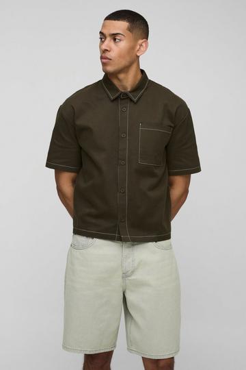 Oversized Boxy Contrast Stitch Twill Shirt khaki