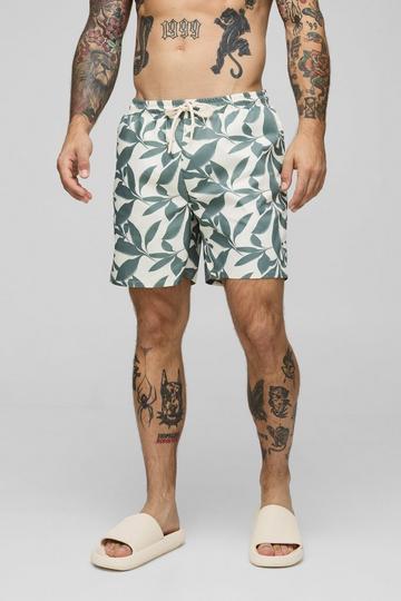 Leaf Print Mid Length Swim khaki