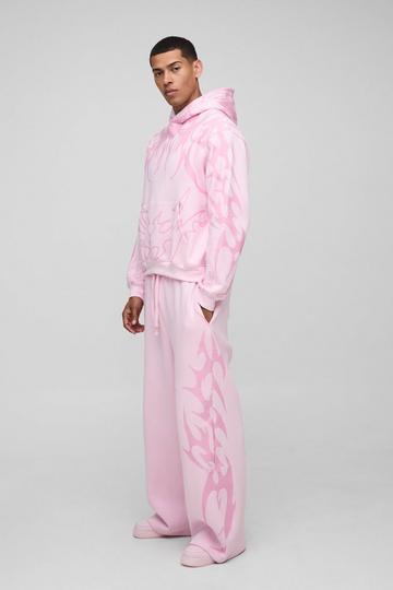 Oversized Boxy Wide Leg Trainingspak Met Capuchon En Print pink