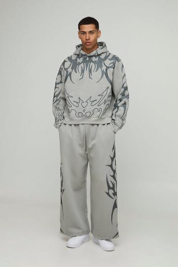 Oversized Boxy All Over Print Wide Leg Hooded Tracksuit grey