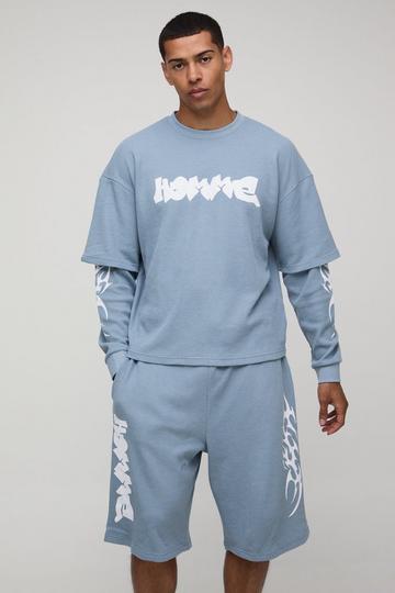 Oversized Boxy Faux Layer Waffle T-Shirt & Jort Set blue