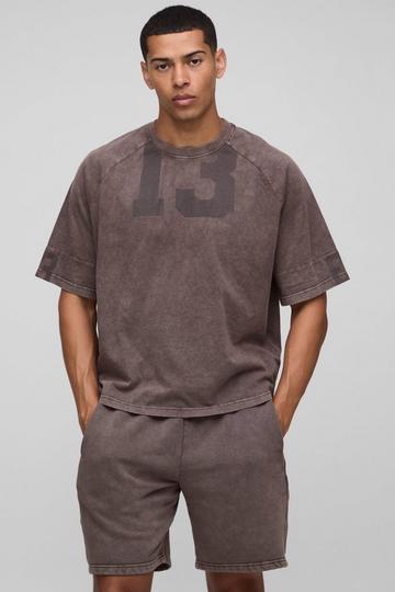 Oversized Boxy Varsity Washed T-Shirt & Short Set brown