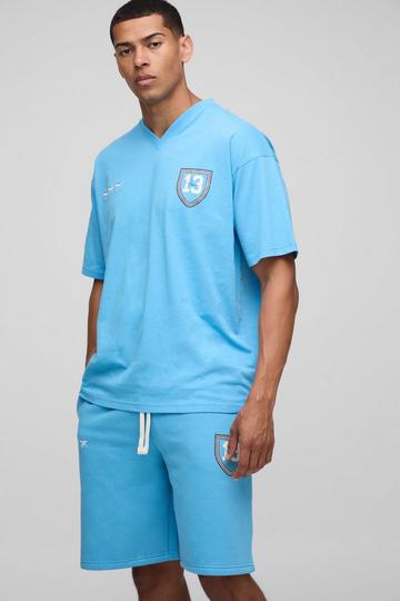 Oversized Ofcl Varsity V Neck T-Shirt & Short Set blue