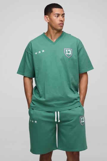 Oversized Ofcl Varsity V Neck T-Shirt & Short Set green