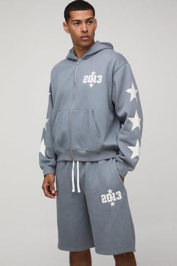 Oversized Boxy Sterren Trainingspak Met Capuchon En Shorts grey