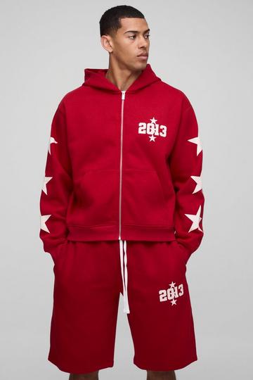 Oversized Boxy Star Short Hooded Zip Tracksuit red
