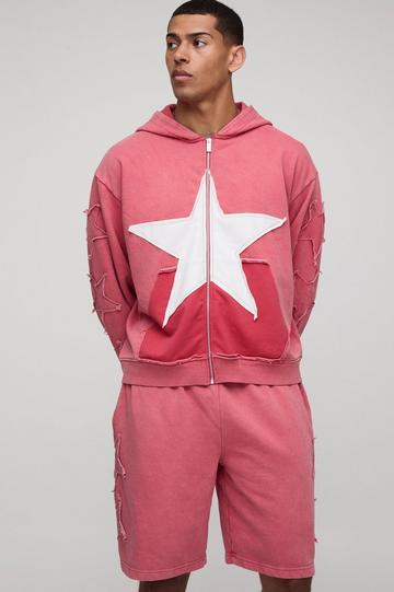 Oversized Boxy Short Hooded Zip Wash Tracksuit red