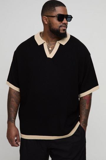 Plus Contrast Knit Oversized Short Sleeve Rugby Polo black